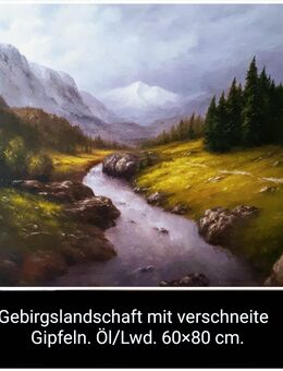 Gebirgslandschaft mit dem Bach, Bäumen und verschneite Gipfeln. - Nürnberg