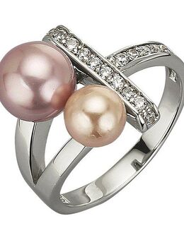 Zeeme Fingerring Silber 925 mit 2 Muschelkernperlen und Zirkonia weiß