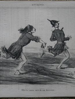 Alte Lithografie aus dem Jahr 1854 . : Officier russe suivi de son brosseur. , in der Platte signiert Cham und nummeriert 359 ,Blatt aus Le Charivari, Blatt 37cm x 26cm , M24 - Görlitz