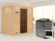 Karibu Sauna "Sonja" mit graphitfarbener Tür und Kranz Ofen 9 kW Bio externe Strg, BxTxH: 224 x 160 x 202 cm, 38 mm