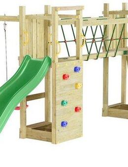 FUNGOO Spielturm Maxi Funny Exposure, Schaukel, Rutsche mit Wasseranschluss, Sandkasten, Brückenverbindung