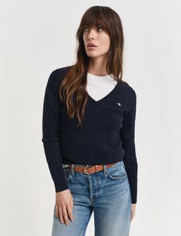 Gant Strickpullover STRETCH COTTON CABLE V-NECK mit Logostickerei auf der Brust