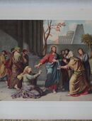 Chromolithografie , Jesus und die Ehebrecherin ., Religion , Blatt 40cm x 29cm , Ansicht 28cm x 21cm , M - C in 02828