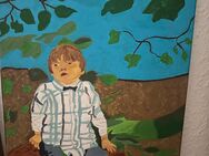 Bild selbst gemalt, Unikat , Kind auf Baumstamm - Heiligenhaus