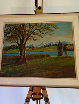 🌳 Stimmungsvolles Öl-Gemälde mit Signatur – Landschaft mit See, Baum und Alpenpanorama 🎨 - Gundelsheim Zentrum