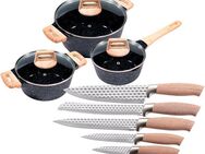 KING Topf-Set »ESSENTIAL« Aluminiumguss, Induktion, Antihaftbeschichtung, Aluminiumguss (Set, 11-tlg., 2 Töpfe, 1 Stieltopf, 3 Glasdeckel), inkl. 5 Küchenmesser