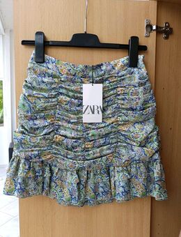Zara Paisley Boho Raffung Volant High Waist Rock mint grün blau bunt gerafft gr. 34 XS NEU - Hardheim
