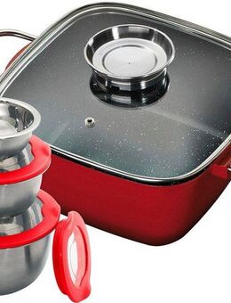 KING Bräter 4L, Aluminiumguss (Set, 8-tlg., 3 Schüsseln mit Deckeln: Ø17.5 Ø14.5 Ø12cm, 24x24cm Aluguss-Bräter), Aromaknopf, Induktion, mit Deckel, Antihaft-Keramikbeschichtung