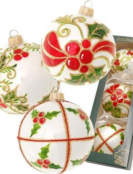 Krebs Glas Lauscha Weihnachtsbaumkugel Stechpalme, mundgeblasen und handbemalt (3 St), Weihnachtsdeko, Christbaumschmuck, Christbaumkugeln aus Glas