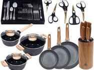 KING Topf-Set Essential 21, Aluminiumguss (Set, 51-tlg., 3Töpfe,5Messer,Messerblock,3Pfannen,Etui,Menü-+Kuchenbesteck,5Schere), Holzoptik, Induktion