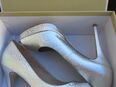 NEU im ORIGINAL KARTON * Anlass * Party * Ausgeh * Echt Leder * Plateau * High- Heels * Peep Toes * Pumps * Schuhe "MICHAEL KORS" YORK * Gr. 40/ 7 * silber * silver * Metallic * in 88499