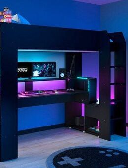 Parisot Hochbett Gaming-Bett, mit Schreibtisch, USB Anschluss, LED, viel Stauraum ideal für kleine Räume, TOPSELLER!