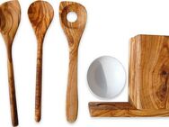 Olivenholz-erleben Kochbesteck-Set ALL-IN (Set, 5-tlg., 2 Kochlöffel, Keramikschälchen, Risottolöffel, Utensilienbox), Inkl. Bestecke