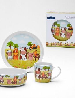 van Well Kindergeschirr-Set Kinderset Bauernhof, 3-teilig, Geschirr-Set, Service (3-tlg), 1 Personen, Porzellan, mit farbenfrohem Dekor, spülmaschinen- und mikrowellengeeignet