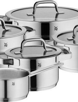 WMF Topf-Set Compact Cuisine, Topfset Induktion mit Glasdeckel, stapelbar, Cromargan® Edelstahl Rostfrei 18/10 (Set, 9-tlg), platzsparend stapelbar, wärmereduzierende Hohlgriffe, Innenskalierung