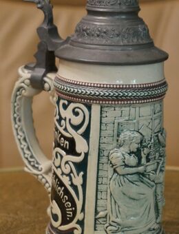 Alter Bierkrug mit Zinndeckel , Spruch - Des Lebens Sonnenschein ist Trinken &. Fröhlichsein , Höhe 23cm , Keramik - Görlitz