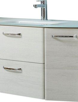 Saphir Waschtisch Quickset Waschplatz inkl. Glaswaschtisch, 112 cm breit, 2 Türen, Unterschrank mit Waschbecken, inkl. Türdämpfer, Griffe Chrom Glanz