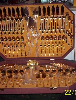 Besteck Tafelbesteck komplett 12 Personen 14karätig vergoldet Essbesteck, Kafeebesteck,Fischbesteck 104 Teile mit Originalbesteckkasten - Schauenburg