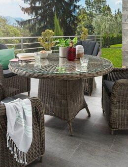 Destiny Garten-Essgruppe MALAGA LUNA, (Set, 5-tlg., 1 Tisch, 4 Sessel), (Set, 13-tlg., 4x Sessel, 1 Tisch Ø 100x75cm) Alumninium, Polyrattan
