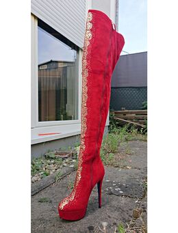 Gr. 37 - 40, mega sexy Plateau High Heels Overknee´s ( Sergio Todzi ) Glitzer, rot-gold - Bruchköbel