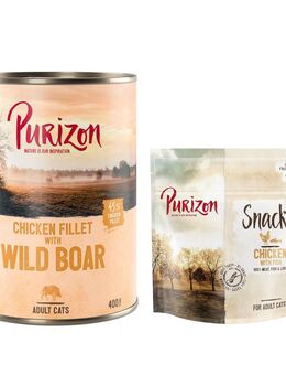 Purizon Kombi-Paket: Adult Nassfutter + Snack - 24 x 400 g Hühnerfilet mit Wildschwein + 3 x 40 g Huhn mit Fisch