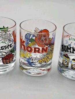 3 Stück Glas Schnapsglas Gläser Aufschrift Korn, Bommerlunder oder Kirschwasser - Essen