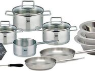 Elo Topf-Set Smart Steam, Edelstahl 18/10 (Set, 12-tlg., Fleischtopf 16/20/24 cm, 1x Kasserolle 16 cm, je 1 Bratpfanne 24/28 cm), Öl-Dosier System & seitlichem Ausguss zur Dampfableitung, Induktion