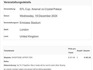 Arsenal vs. Crystal Palace - 2 Tickets - Top-Spiel am 18.Dezember in London - Frick