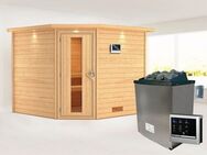 Karibu Sauna "Leona" mit Kranz und Energiespartür Ofen 9 KW externe Strg modern, BxTxH: 259 x 245 x 202 cm, 38 mm, aus hochwertiger nordischer Fichte