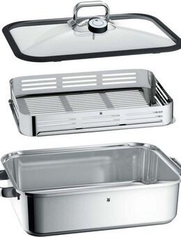 WMF Dampfgartopf Vitalis, Bräter Induktion mit Glasdeckel und Silikonrand, Cromargan® Edelstahl Rostfrei 18/10, Dampfgarer mit integriertem Thermometer, backofengeeignet bis 180 Grad