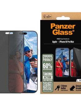 PanzerGlass Displayschutzglas Privacy Screen Protection für Apple iPhone 16 Pro Max, Displayschutzfolie, Schutzfolie, Bildschirmschutz, kratz- & stoßfest