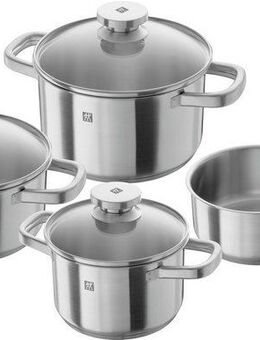 Zwilling Topf-Set Joy, Edelstahl 18/10 (Set, 4-tlg., je 1 Kochtopf Ø 16/20 cm, 1 Bratentopf Ø 20 cm, 1 Kasserolle Ø 16 cm), Glasdeckel, Sandwichboden, sehr gute Wärmeverteilung, inkl. Füllskala