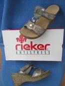 Ausgefallen * edel * Swarovski * Strass * Kristalle * Steine * Pailletten- Stickerei * Echt Leder * Shabby- Style * Keilabsatz * Wedges * Pantoletten * Sandale * Sandaletten * Schuhe "rieker" ANTISTRESS * Gr. 37/ 4 * silber * grau * in 88499