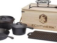 ECHTWERK Topf-Set Dutch Oven, Gusseisen (Set, 7-tlg., Kochtopf, Stieltopf, Pfanne, Grillplatte, Deckelheber, Untersetzer), Gusseisen BBQ Kochtopf-Set, Feuertopf, ofenfest, Holzkiste