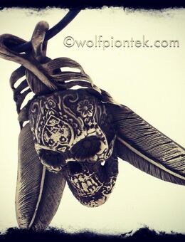Totenkopf Anhänger Sugar Skull mit Federn 925 Silber Signiert - Köln