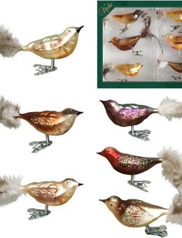 Krebs Glas Lauscha Weihnachtsbaumklammer Waldvögel, Weihnachtsdeko, Christbaumschmuck (6-tlg), mundgeblasen