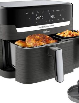 Tefal Heißluftfritteuse Dual Easy Fry & Grill, knusprig und gesund kochen, 8 voreingestellte Programme, 2700 W, Doppelkammer Heissluftfritteuse, inkl. Hamburger Presse, EY905B
