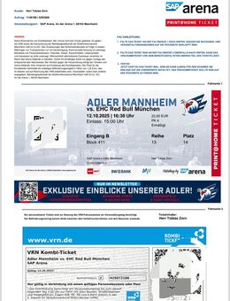 3 Tickets für das Spiel Adler Mannheim gegen Red Bull München - Eppingen