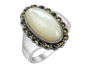 Zeeme Fingerring Silber 925 oxydiert mit weißem Perlmutt und 18 Markasit-Steinen