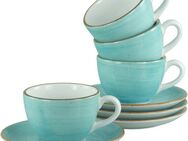 CreaTable Tasse Vintage Nature Aqua, Kaffeetassen-Set, 8-tlg., Porzellan, Handgemalt, Gesprenkelt, Rustikales Außenband
