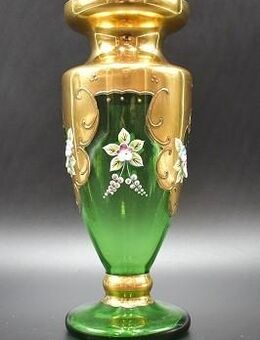 Vase aus grünem böhmischen Glas - Blattgold und Blumen - Schmuckstück! - München