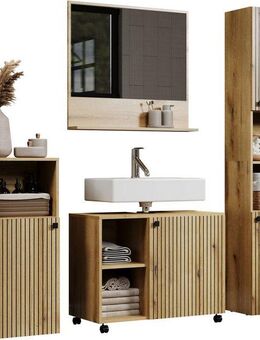 welltime Badmöbel-Set Amrum Waschbeckenunterschrank Spiegel Hochschrank Badschrank, (Komplett-Set, 4-St), 4-teiliges Badmöbel-Set Eiche Rillenoptik - Maße (B/T/H) 180/42/186 cm