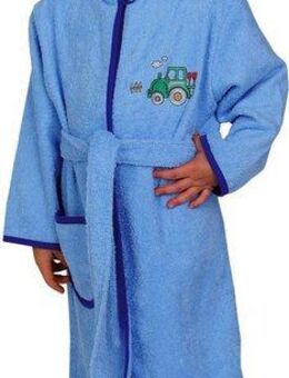 Wörner Kinderbademantel Traktor hellblau, Langform, Baumwolle, Kapuze, Gürtel, mit Stickerei, mit Tasche, maschinenwaschbar, trocknergeeignet