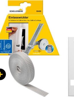 SCHELLENBERG Einlass-Gurtwickler Unterputz, inkl. Abdeckplatte weiß und Rollladengurt in grau oder weiß, Set, 1-tlg., 18,5 cm Lochabstand für das Rollladensystem Maxi