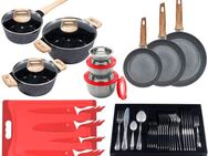 KING Topf-Set »ESSENTIAL« Aluminium, Induktion, Antihaftbeschichtung, Aluminiumguss (Set, 51-tlg., 2 Töpfe, 1 Stieltopf, 3 Glasdeckel, 1 Besteck-Set + Etui), 3 Pfannen, 4 Küchenmesser, 1 Schneidebrett, 3 Vorratsdosen mit Deckel