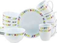 CreaTable Frühstücks-Geschirrset Happy Birthday, Frühstücksset 12-tlg. (12-tlg), 4 Personen, Porzellan, Fröhliches buntes Geschirr, Für alle Geburtstagsfeierlichkeiten