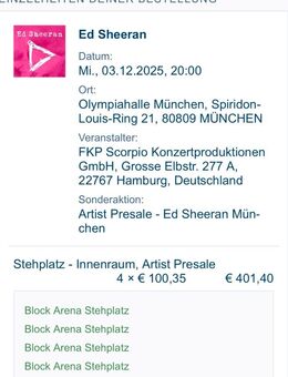 1-4 Tickets Ed Sheeran Konzert - München Olympiahalle - 03.12.2025 - München Altstadt