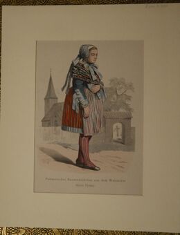 Grafik : Pommersches Bauernmädchen aus dem Weizacker ( Kreis Pyritz) Blätter für Kostümkunde , Blatt unter Passepartout , Blatt 28,5cm x 20cm - Görlitz