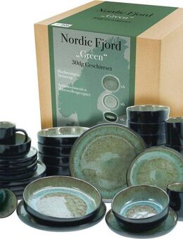 CreaTable Kombiservice Nordic Fjord (30-tlg), 6 Personen, Steinzeug, je 6 Speiseteller, Suppenteller, Dessertteller, Schalen, Kaffeebecher