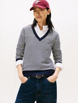 Tommy Hilfiger V-Ausschnitt-Pullover CO JERSEY STITCH V-NK SWEATER mit V-Ausschnitt und Ripp unifarben, casual, regular fit, Baumwollmix, V-Ausschnitt